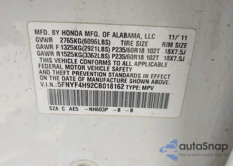 2012 Honda Pilot Touring из США, поврежденный, VIN 5FNYF4H92CB018162